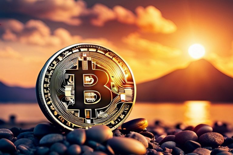 Bitcoin is depicted as a physical coin according to the artist's imagination.