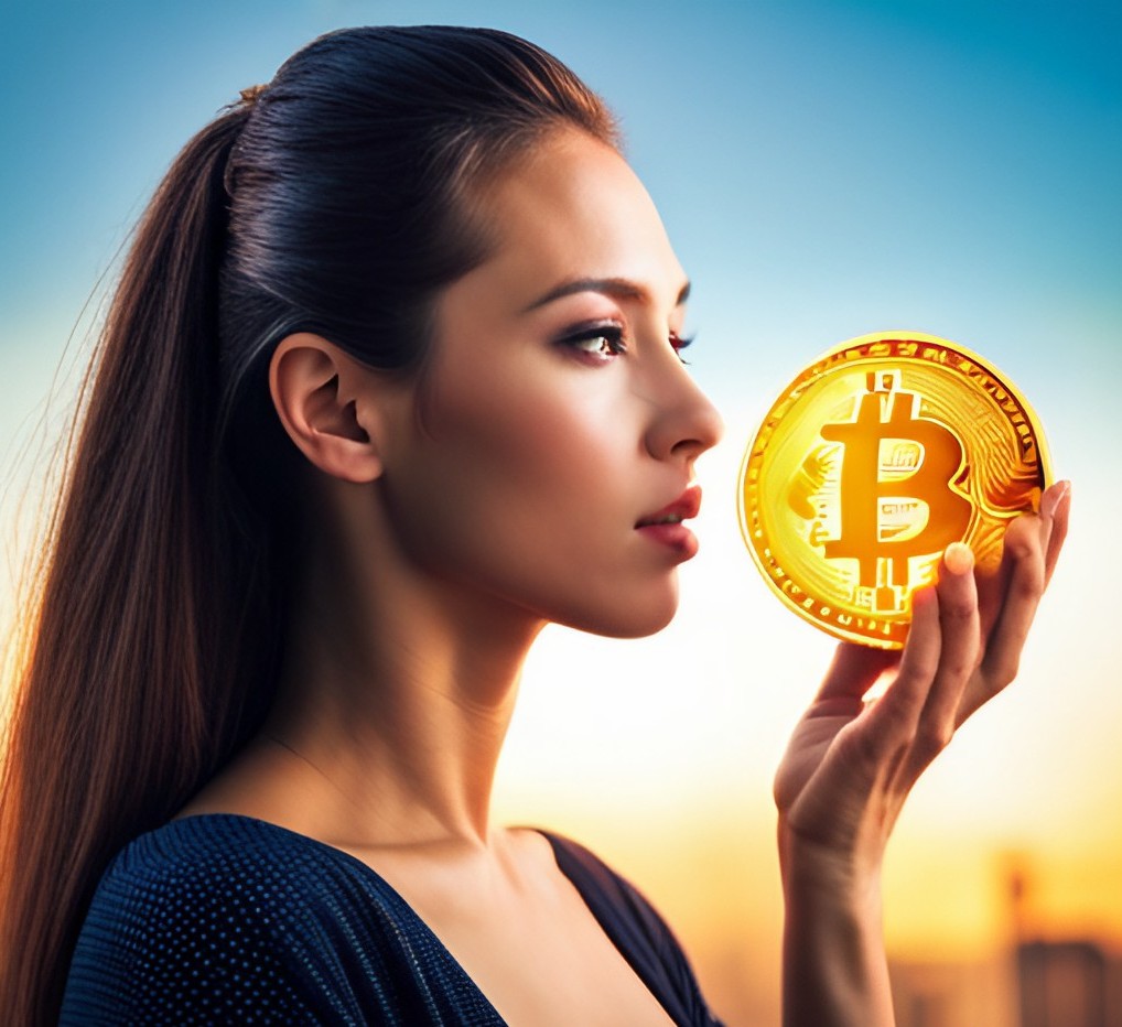 Beautiful lady holding cryptocurrency