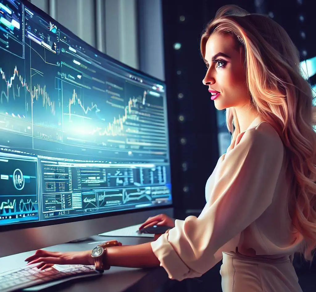 A beautiful lady is  beside a large computer screen.