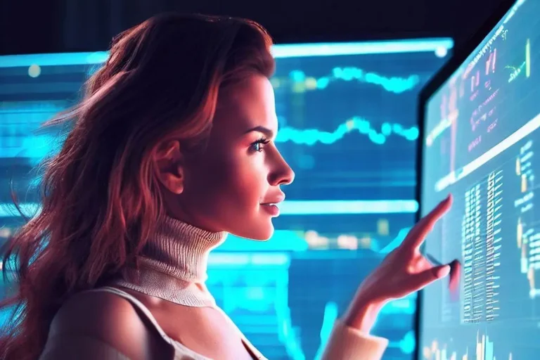 A beautiful lady is beside a large computer screen